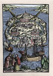 Udsigt over øen Utopia (Utopia) fra Thomas Mores bog (1478-1535), "" Den optimale status for den republik, der for nylig isolerede Utopia". Graveret af Johann Froben. 1518.