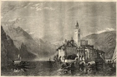Udsigt over klostret Mater Ecclesiae på øen Saint Jules (Saint Jules) (San Giulio) ved Orta-søen (Lake Cusio) i Italien. Gravering efter et maleri af William Collingwood Smith (1815-1887). I "The Illustrated London News" af 22. marts