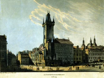 Udsigt over det gamle Prags rådhus omkring 1860.