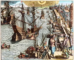 Udsigt over havnen i Lissabon i det 16. århundrede -