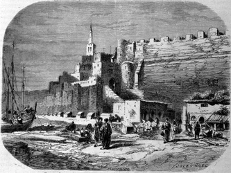 Udsigt over havnen i den befæstede by Tangier og kysten, Marokko. Stik fra 1860.