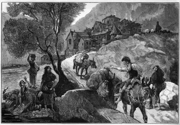 Udsigt over landsbyen Andorra la Vella (Andorra La Vella) i Republikken Andorra og dens indbyggere Andorra. Gravering i "" Le Monde Illustré""