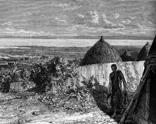 Landsby ved bredden af Lake Albert Nyanza (eller Lake Albert), Afrika. Gravering i "" Le Journal de la jeunesse""