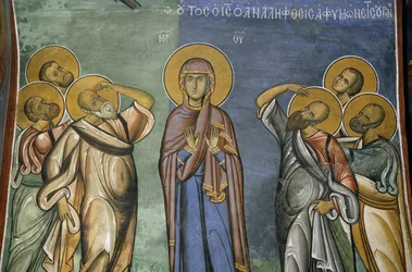 Jomfru Maria blandt udvalgte, fresko (1192), Panayia Tou Araka-kirken (Vor Frue af Ærts kirke) (Unescos verdensarvsliste, 2001), Lagoudhera, Troodos-bjergene, Cypern