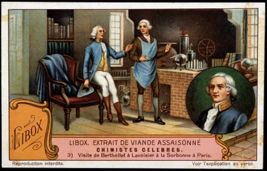 Berthollets besøg i Lavoisier ved Sorbonne i Paris - reklamemærke Libox. Chromolithogrpahie af det 19. århundrede.
