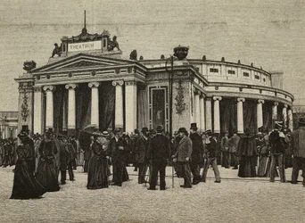 Besøgende foran Teatro Pompeiano på United Exhibitions, Milano, Italien, kobberstik efter foto af Treves-brødrene fra L