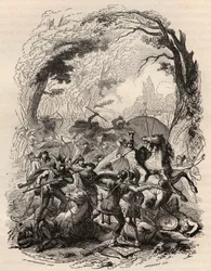 Gallernes krig: Slaget ved Aduatuca mellem det belgiske folk i Eburons og den romerske hær. Quintus Titurius Sabinus og Lucius Aurunculeius Cotta blev besejret i 54 f.Kr. Indgravering fra 1868 i "Belgiens historie fra primitive tider til slutningen af ​​de