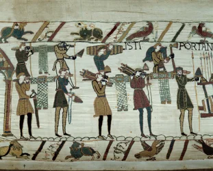 Våben og vin bringes til skibene under tankning til erobringen af England af Vilhelm Erobrerens (1027-1087) flåder i 1066. Detalje af Bayeux-tapetet eller Broderi af Dronning Mathilde