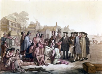 William (Guillaume) Penn (1644-1718), en engelsk quaker, beskæftiger sig med erhvervelse af jord med indianerne i Amerika - Han lagde dermed grundlaget for Pennsylvania og byen Philadelphia - Illustration i "" Det gamle og moderne kostume" "" af Jules
