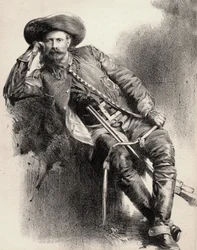 William Frederick Cody - kendt som Buffalo Bill - Portræt af Buffalo Bill (1846-1917), oberst William Cody - gravering efter plakat.