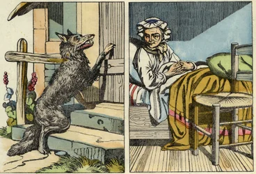 Ulv banker på mormors dør. Illustration af fortællingen "Den Lille Rødhætte" af Charles Perrault