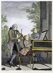 Wolfgang Amadeus Mozart som barn ved klaveret, omgivet af sin far Leopold på violin og sin søster Marianne, der synger - stik