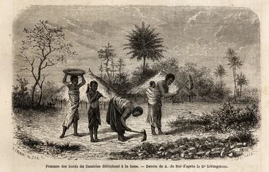 Kvinder fra bredden af Zambeze, der befrier en hakke og introducerer børn til landbrugsarbejde. Indgravering til illustration af Dr. Livingstones første rejser til det sydlige Afrika fra 1840 til 1856, i "Le tour du monde, nouveau journal des voyages"" udg