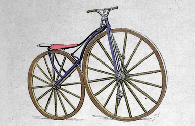 Model af en velocipede i træ. Pierre Michaux opfandt pedalen i begyndelsen af 1860