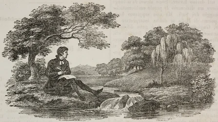Forfatter under træ foran vandløb, illustration fra Universal Theatre, encyklopædisk og scenografisk samling, nr. 575, 19. juli