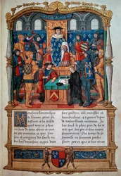 At skrive en biografi: "" Philippe de Comines (Comynes eller Comines) (1447-1511) dikterer hans mindesmærker før Louis XI"" Miniature taget fra "" Memoires de Philippe de Comynes""" 1489-1498 Paris, B.N.