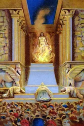Zarathustra (Zarathushtra, Zarathushtra, Zarathustra eller Zoroaster) døde i templet omgivet af flammen. Kromolitografi fra det 19. århundrede.