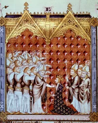 salvelse af Frankrigs konge i nærværelse af eveques og hans baroner. Miniature i "" Rational des divins offices"" (folio 44v)