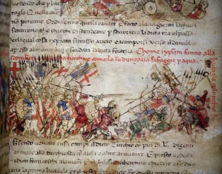 Korsfarernes nederlag i 1396 - i "Croniche del Sercambi", omkring 1400. Nationalarkivet, Lucca.