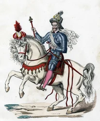 rytterportræt af kongen af Frankrig Henri IV i 1596 (1553-1610) -i "" Franskmændenes civile og militære dragter gennem århundrederne Paris F. Roy 1882".
