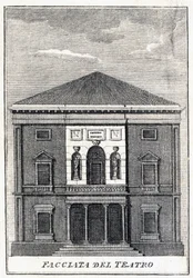 facaden på Fenice-teatret i Venedig i midten af det 19. århundrede.