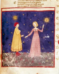 første himmel: Dante møder Beatrice i Paradis. Oplyst side, der illustrerer en sang fra Paradiset fra "Divina Commedia" af Dante Alighieri (1265-1321). 1300-tallet, Venedig, Biblioteca Marciana