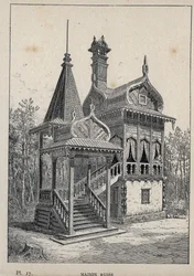 Russisk hus - Russisk hus - indgravering af 1889 i "History of human habitation at the Universal Exhibition of 1889, by Mr Charles GARNIER - Librairie centrale des beaux-arts Paris 1889