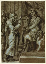 Tryllekunstner, der forudsiger noget for en kejser (recto); mandlig nøgen person, der bærer en byrde (verso)