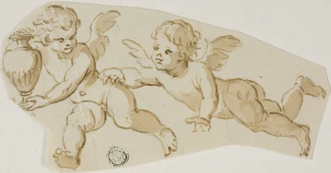 Putto jagter en anden putto, der bærer en vase