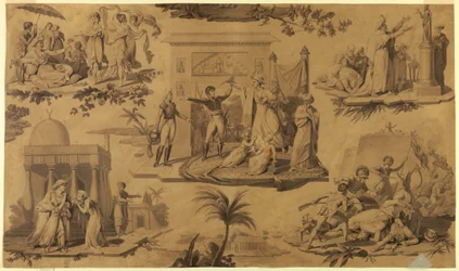 Tegning, tegneserie til trykt bomuldstekstil: Franskmændene i Egypten [Les Francais en Egypte], ca. 1815