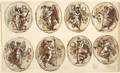 Tegning, loftdesign, historie, overflod i seks ovaler, salen med Herkules og Hebe, Palazzo Gessi, Faenza, 1813