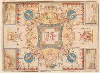 Tegning, Loft i Hadrians villa med nymfer, kentaurer, hjorte og elefanter, ca. 1785