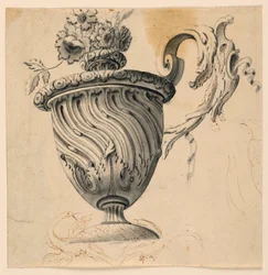 Tegning, loftsmaleri og blomstervase, ca. 1725-50