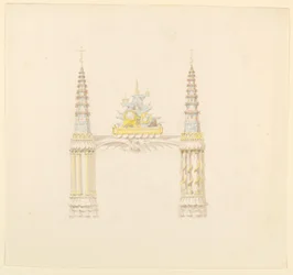 Tegning, skorstensstykke, musikrummets vestvæg, ca. 1820