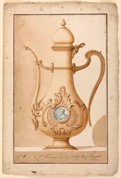 Tegning, kaffekande med emaljeret medaljon, 1700-1725