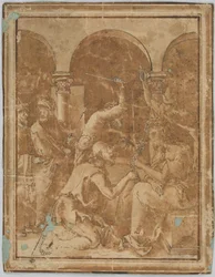 Tegning, kopi af Tornekroningen i Albrecht Dürers Lille Passion, udgivet i 1511, 1525-1600