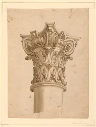 Tegning, hjørnebillede af sammensat kapital, 1625-1650