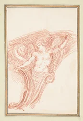 Tegning, hjørnedetalje med delvist nøgen mandlig figur, ca. 1759-70