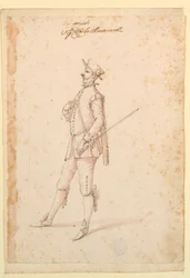 Tegning, kostumedesign: En kaptajn til en ballet, ca. 1720