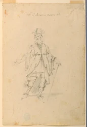 Tegning, kostumedesign: En mand i fantastisk dragt til en ballet, ca. 1720