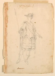 Tegning, kostumedesign: Amerika til en ballet, ca. 1720