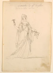 Tegning, kostumedesign: Musik til en ballet, ca. 1720