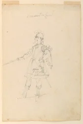 Tegning, kostumedesign: Våbenmesteren til en ballet, ca. 1720