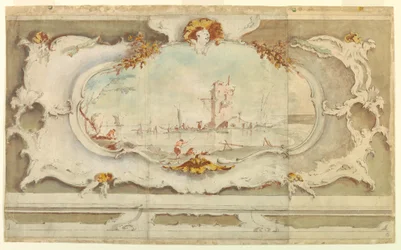 Tegning, dekorativ kartouche med et landskab, ca. 1770