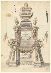 Tegning, Design til en katafalk til mindehøjtidelighed for en pave, sandsynligvis Clemens XI, 1721