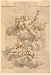 Tegning, udkast til et loftsmaleri, Venus, Amor og Putti, 1700-29