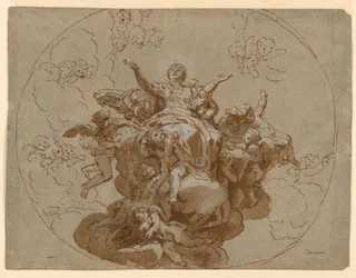 Tegning, udkast til et loft med Jomfru Marias himmelfart, 1700-1730