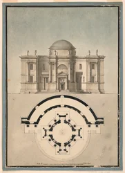Tegning, Design til et klassisk tempel med tempietto og halvcirkelformet aedicule, ca. 1780