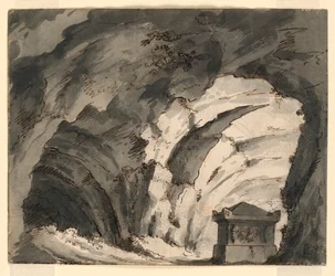 Tegning, scenografi, grav i en hule, begyndelsen af det 19. århundrede