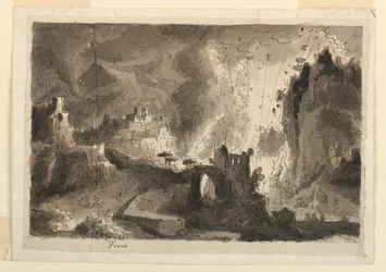 Tegning, scenografi, byafbrænding, ca. 1810-20
